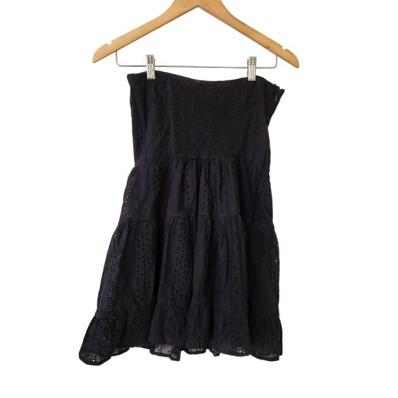 Edikted Liora Lacy Cotton Mini Dress Black Strapless Eyelet Ruffled Feminine - Picture 3 of 14